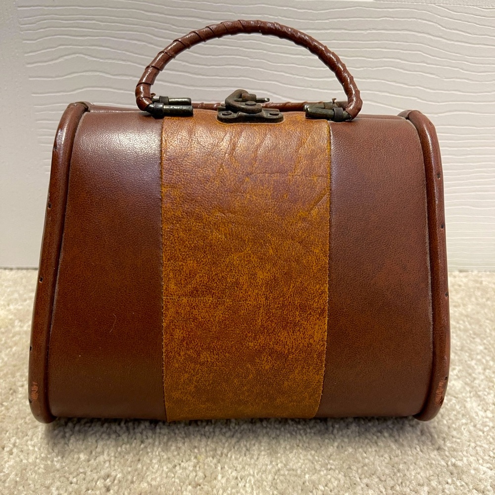 Vintage 60’s 70’s wood leather mini purse handbag possibly doctors bag brown